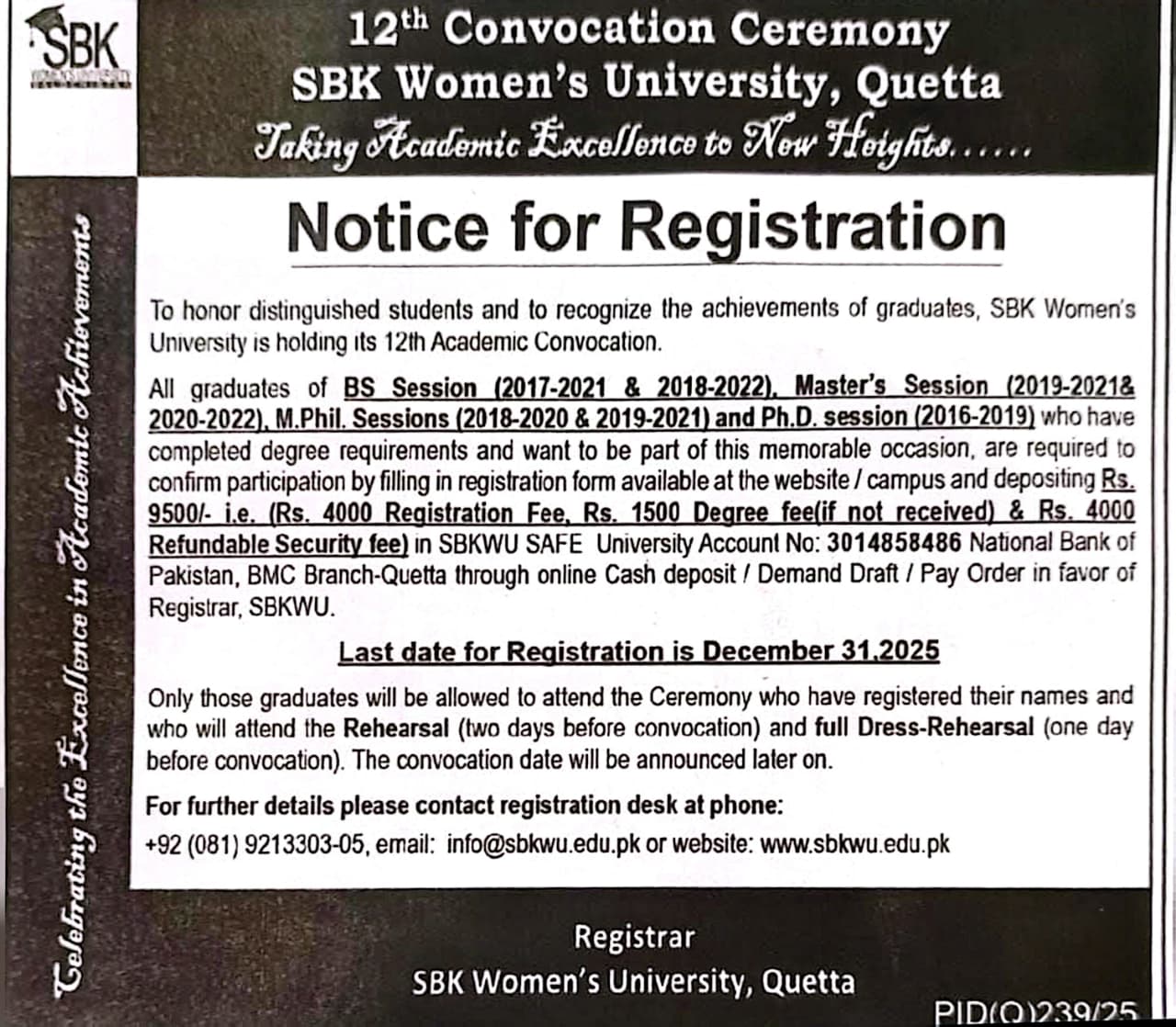 SBK Women University notice for registration in 12th Convocation Ceremony
